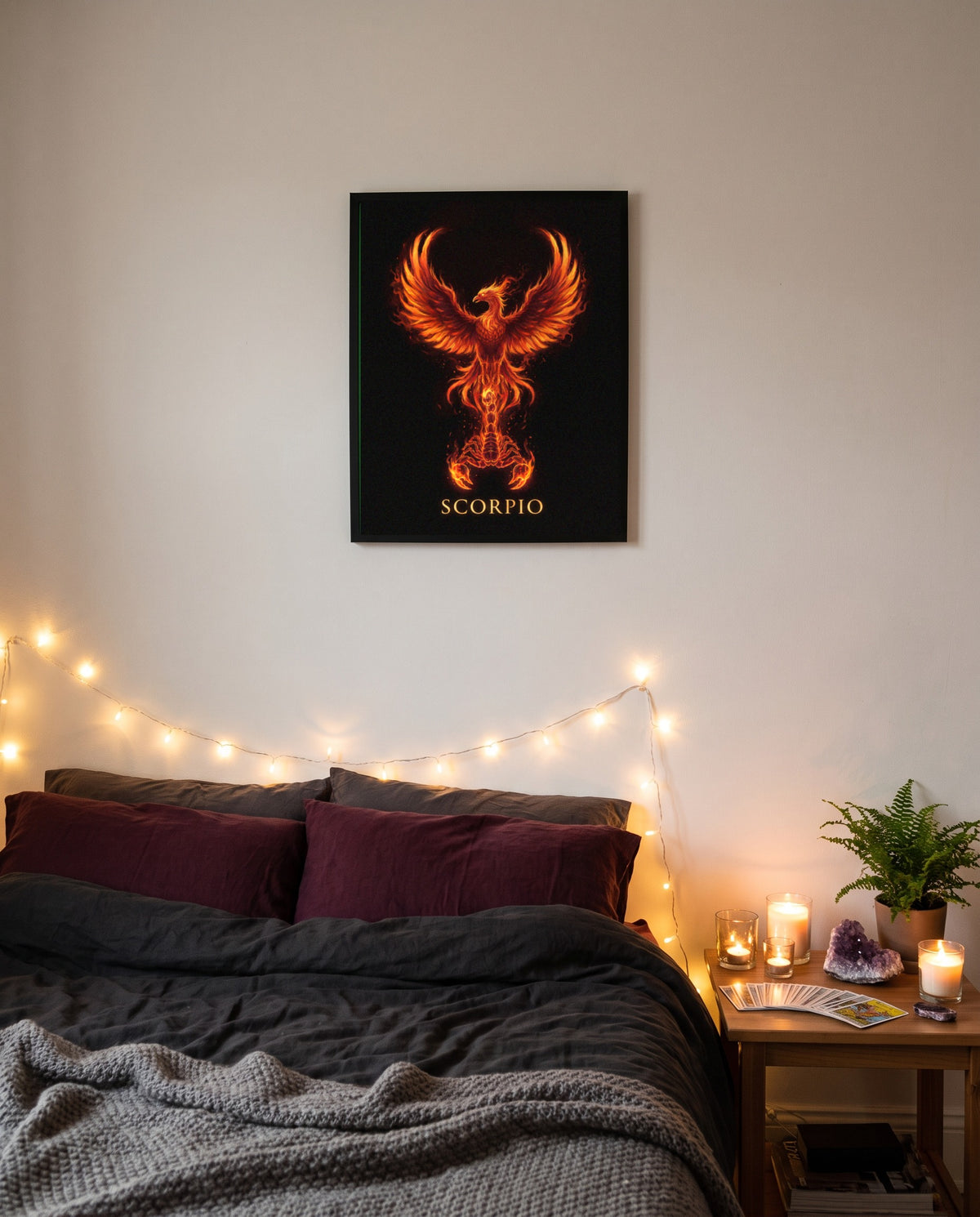 Scorpio Phoenix print in a black frame on a bedroom wall