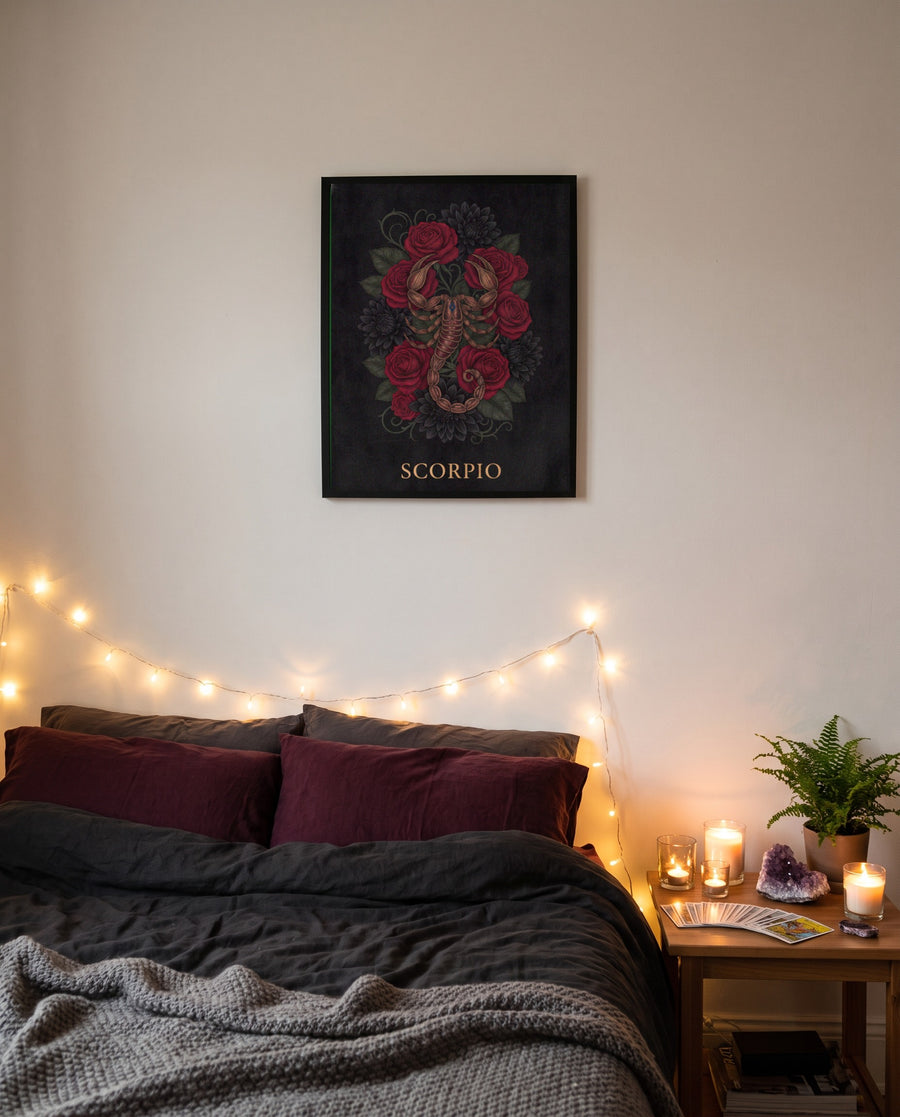 Scorpio Dark Floral print shown framed on a wall