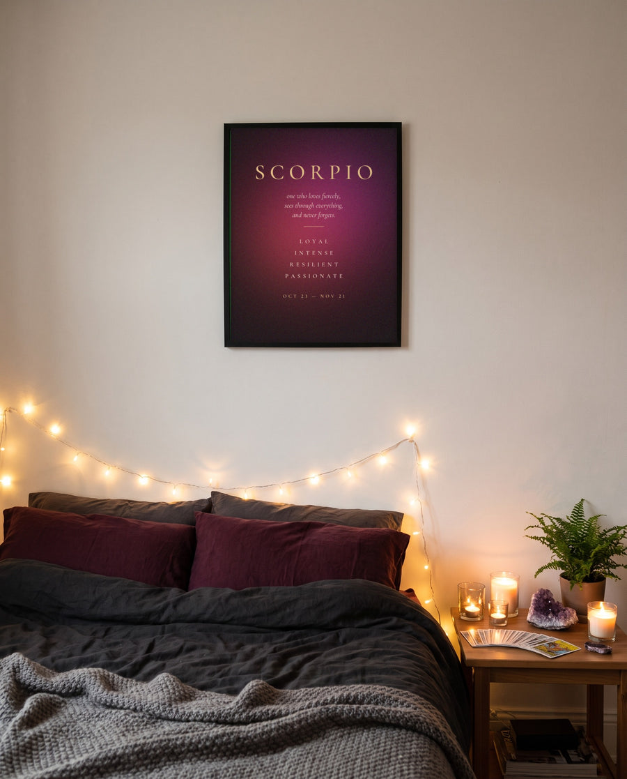 Scorpio Traits print shown framed on a wall