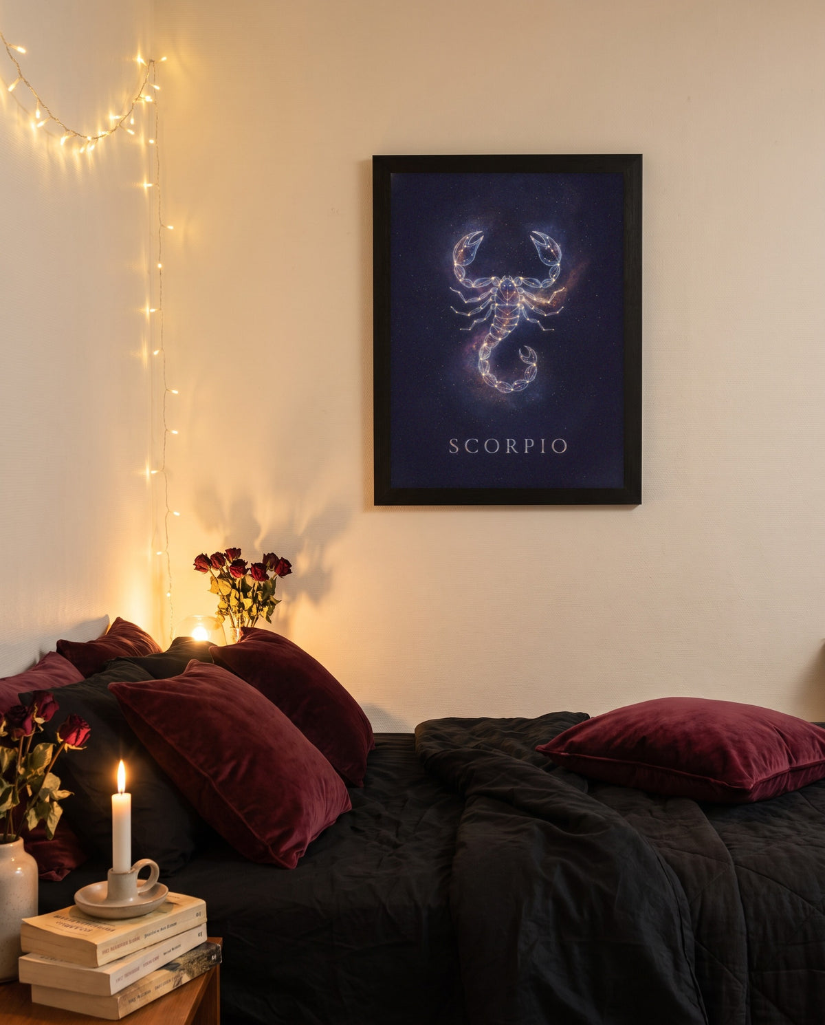 Scorpio Cosmic print in a black frame on a bedroom wall