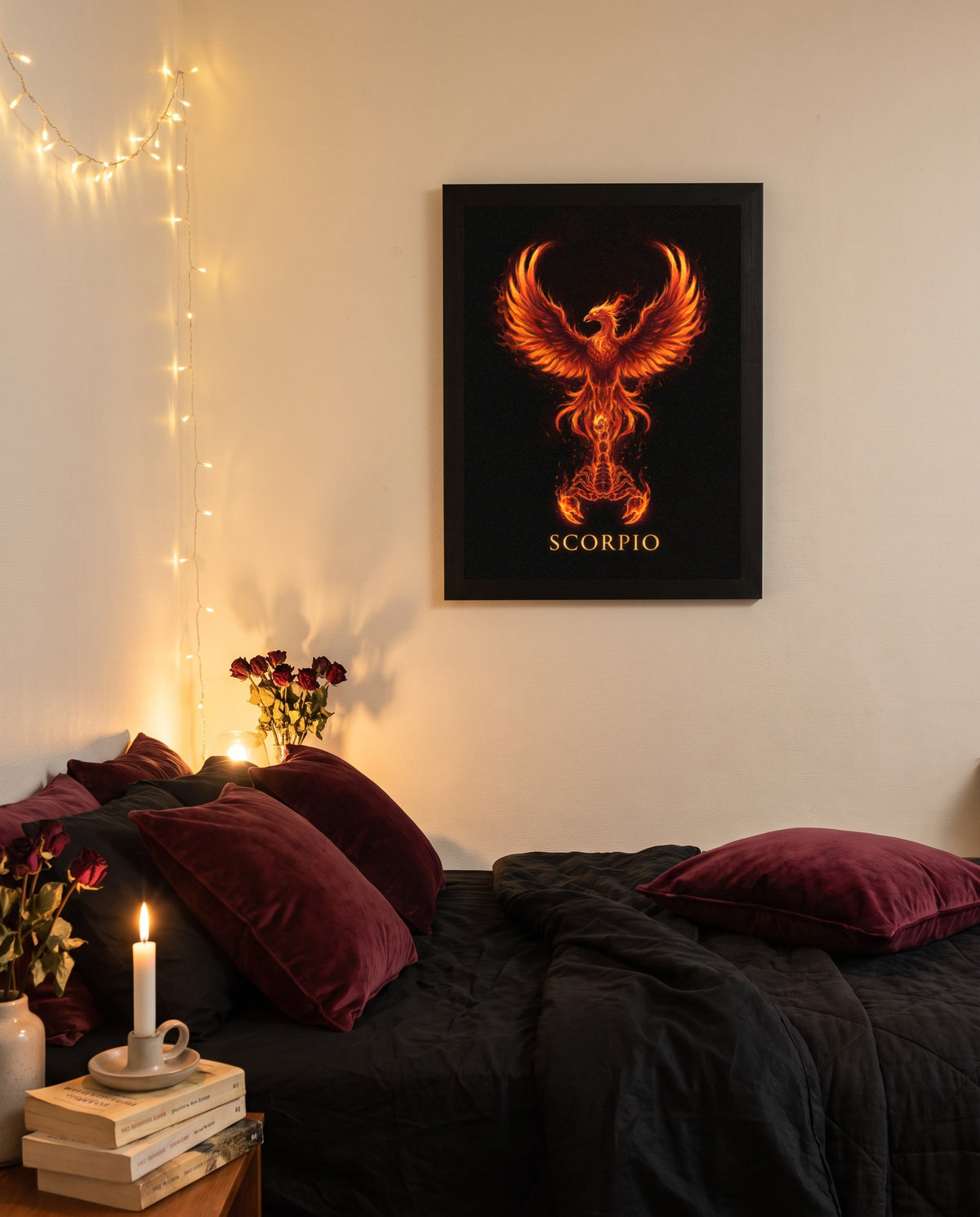Scorpio Phoenix print shown framed on a wall