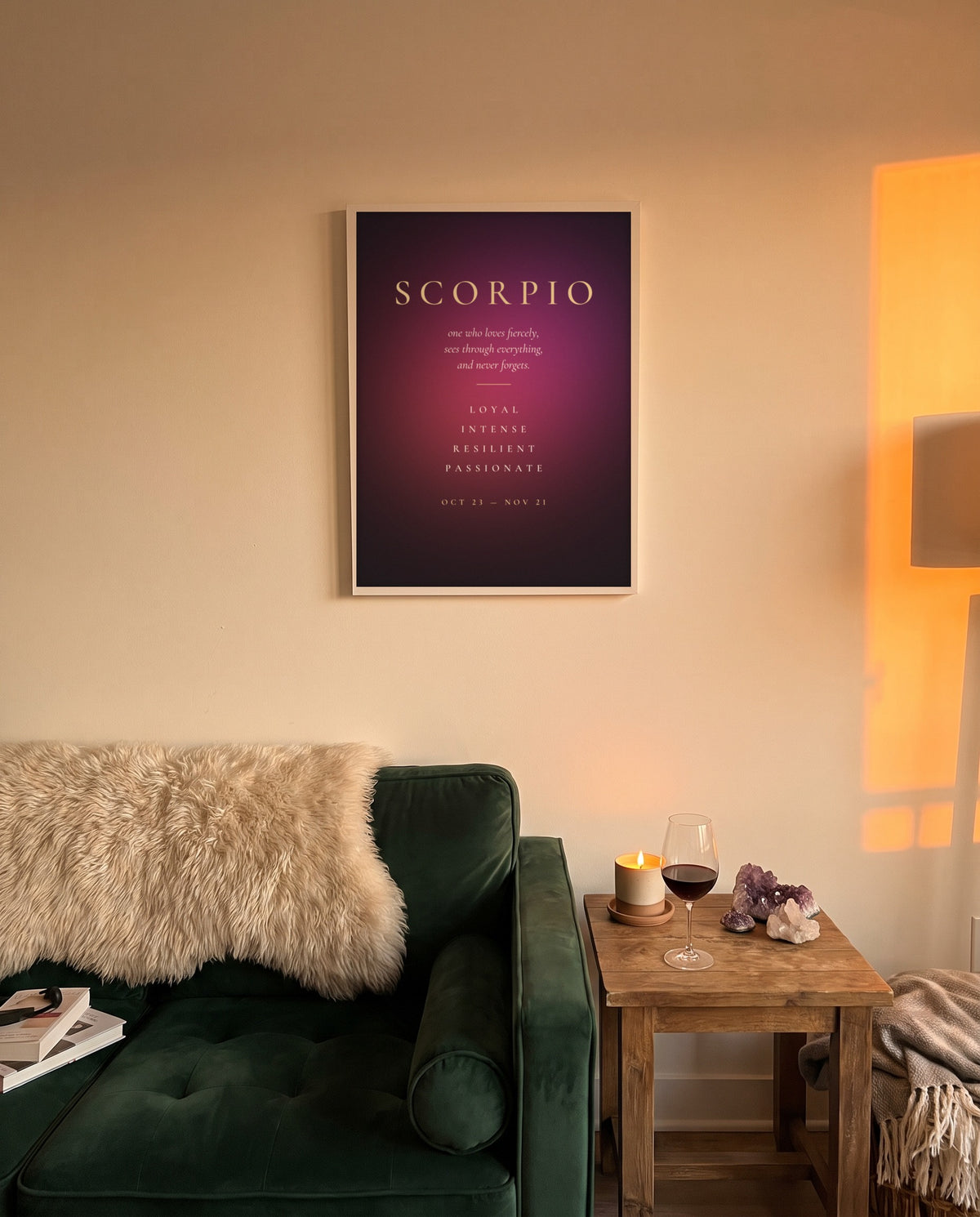 Scorpio Traits print in a white frame on a bedroom wall