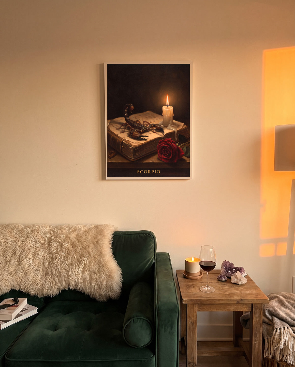 Scorpio Dark Romance print in a white frame on a bedroom wall