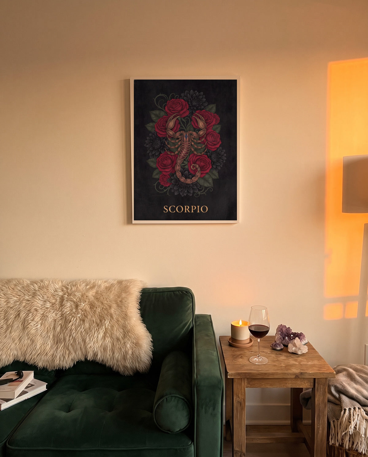 Scorpio Dark Floral print in a white frame on a bedroom wall