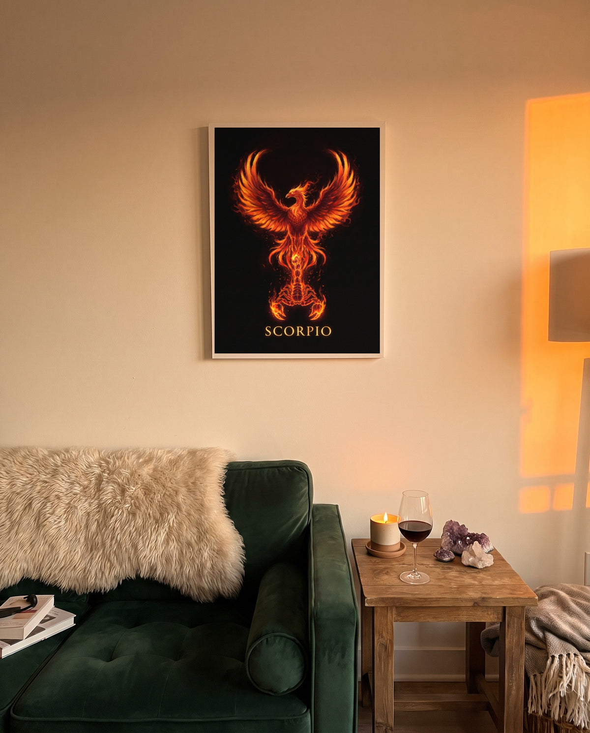 Scorpio Phoenix print in a white frame on a bedroom wall