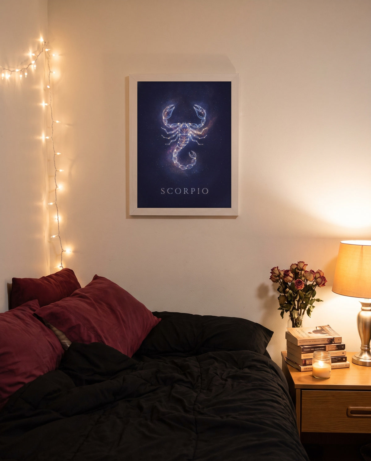Scorpio Cosmic print in a white frame on a bedroom wall