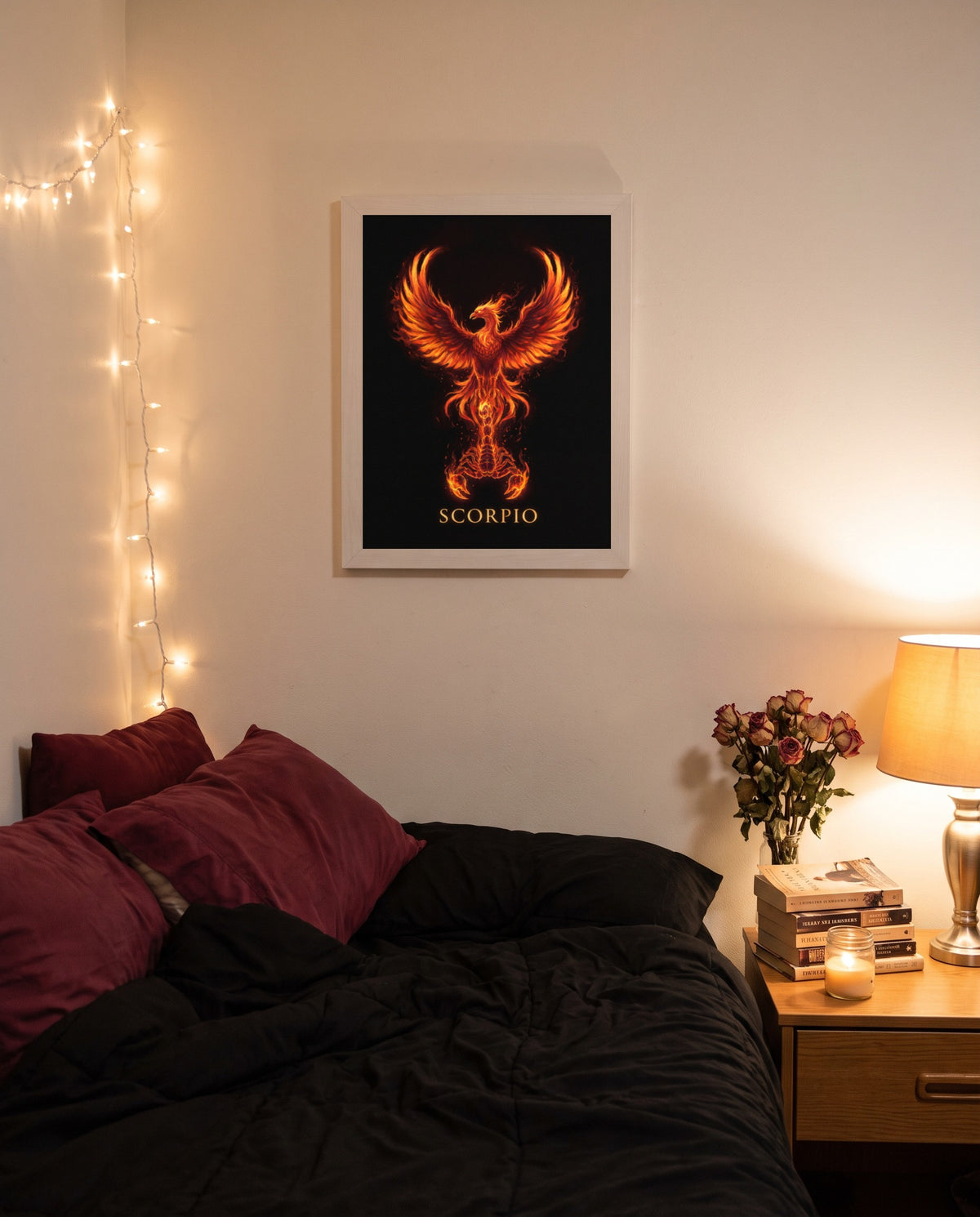 Scorpio Phoenix print shown framed on a wall
