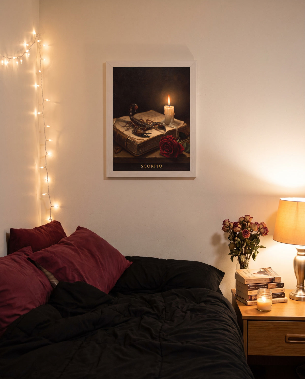 Scorpio Dark Romance print in a white frame on a bedroom wall