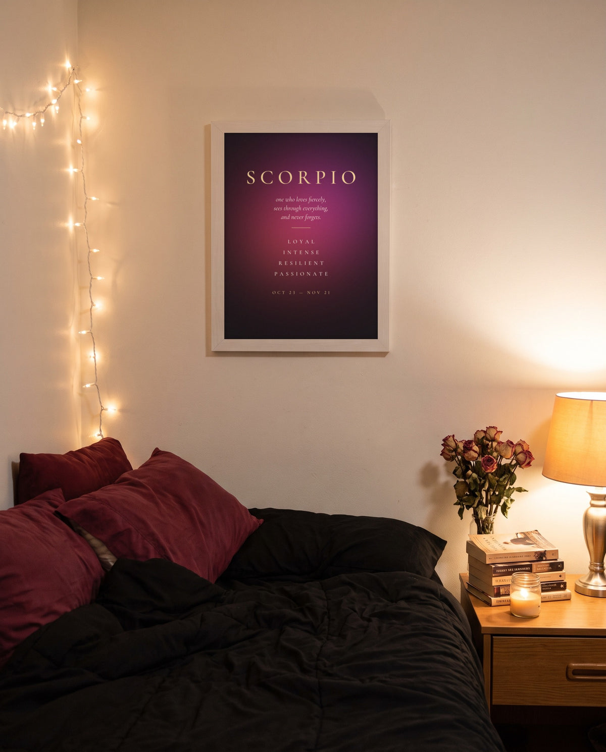 Scorpio Traits print shown framed on a wall