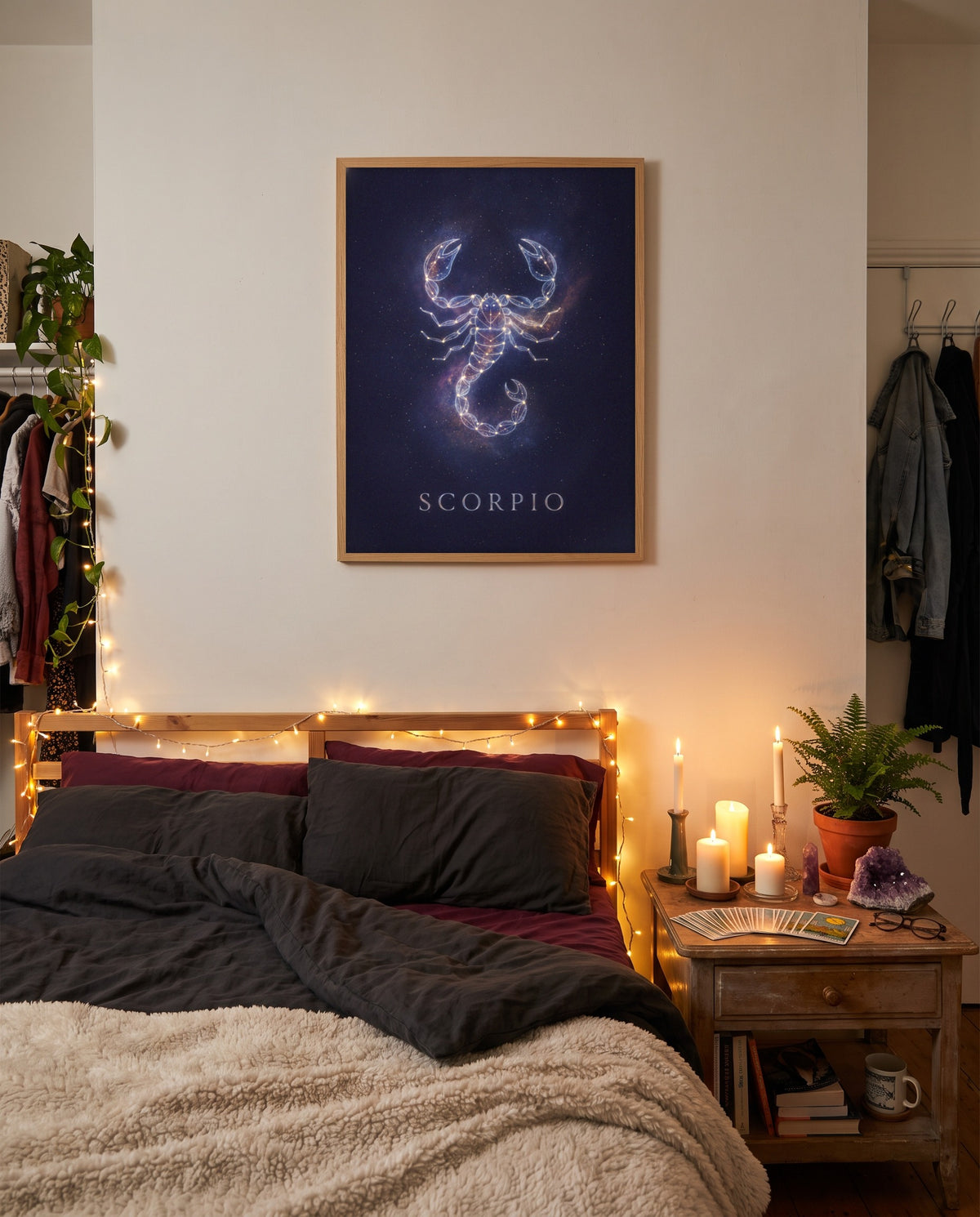 Scorpio Cosmic print in a wood frame on a bedroom wall