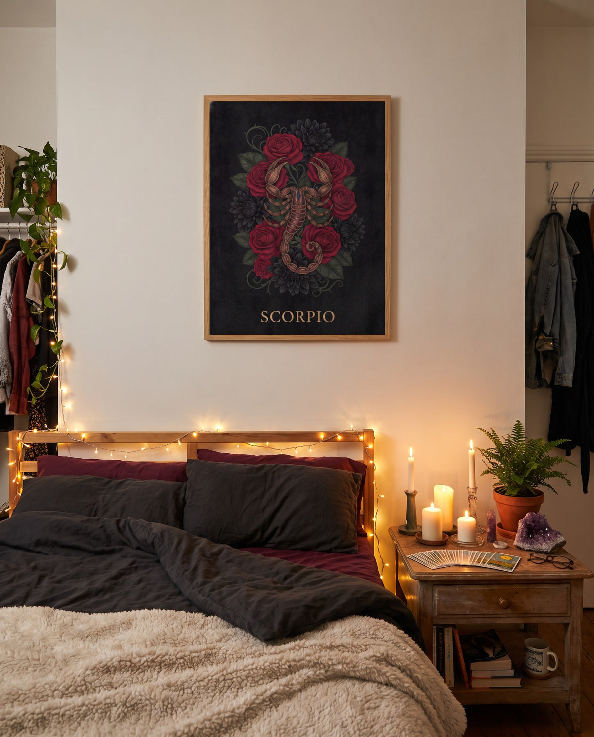Scorpio Dark Floral print shown framed on a wall