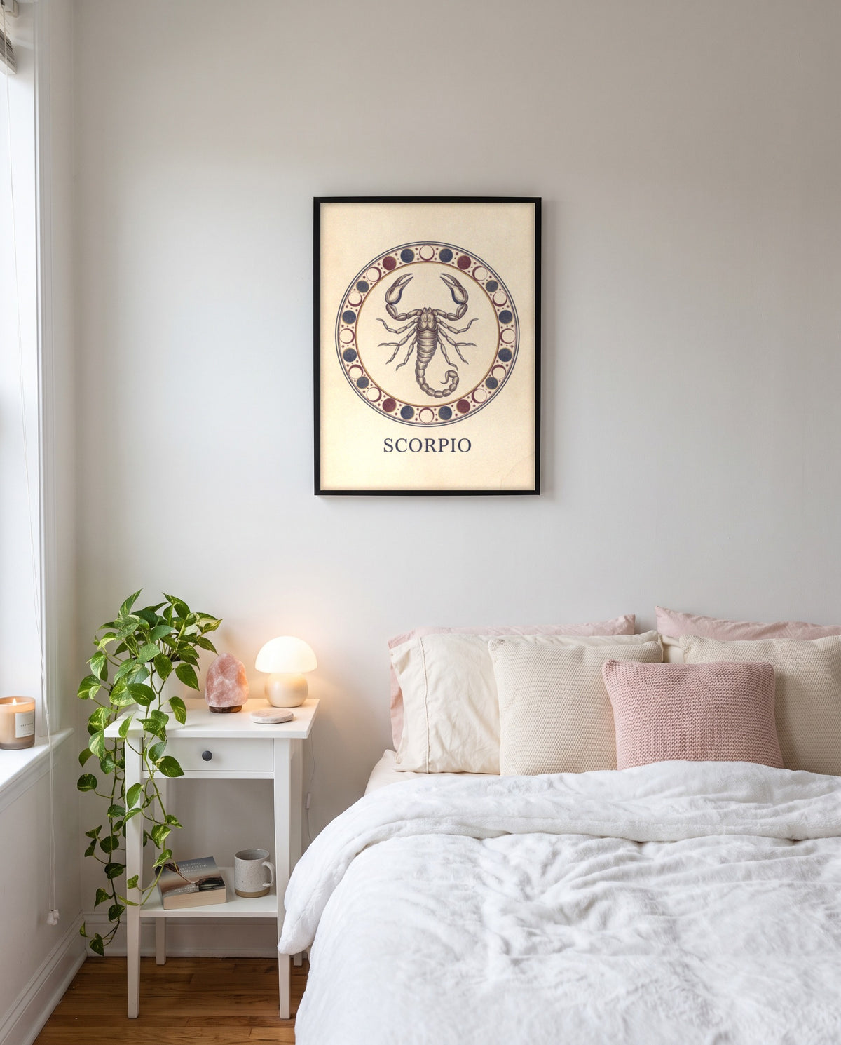 Scorpio Mystic print in a black frame on a bedroom wall