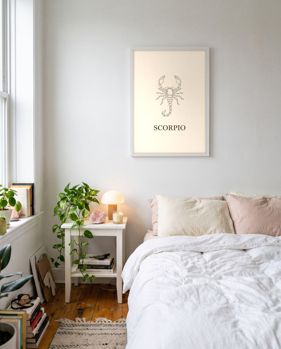 Scorpio Fine Line print shown framed on a wall