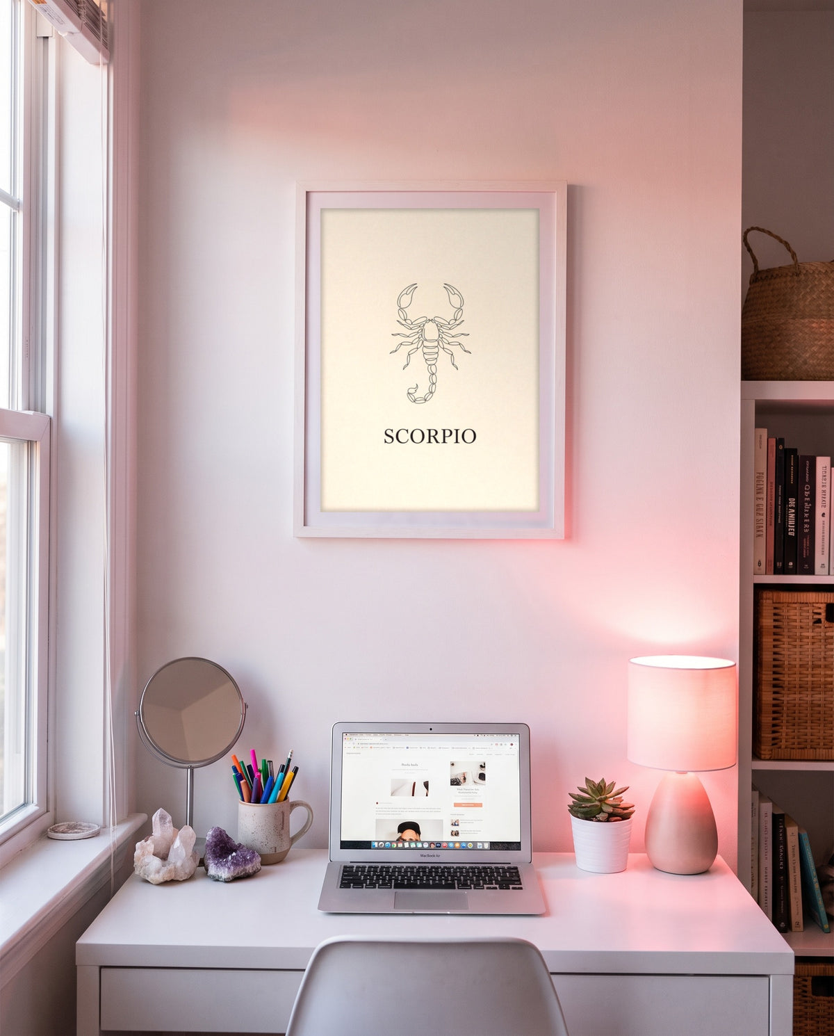 Scorpio Fine Line print in a white frame on a bedroom wall