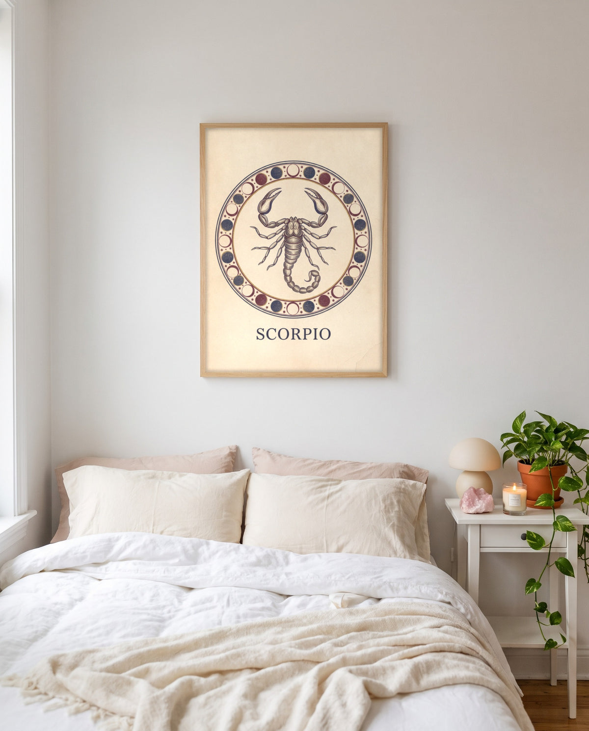 Scorpio Mystic print in a wood frame on a bedroom wall